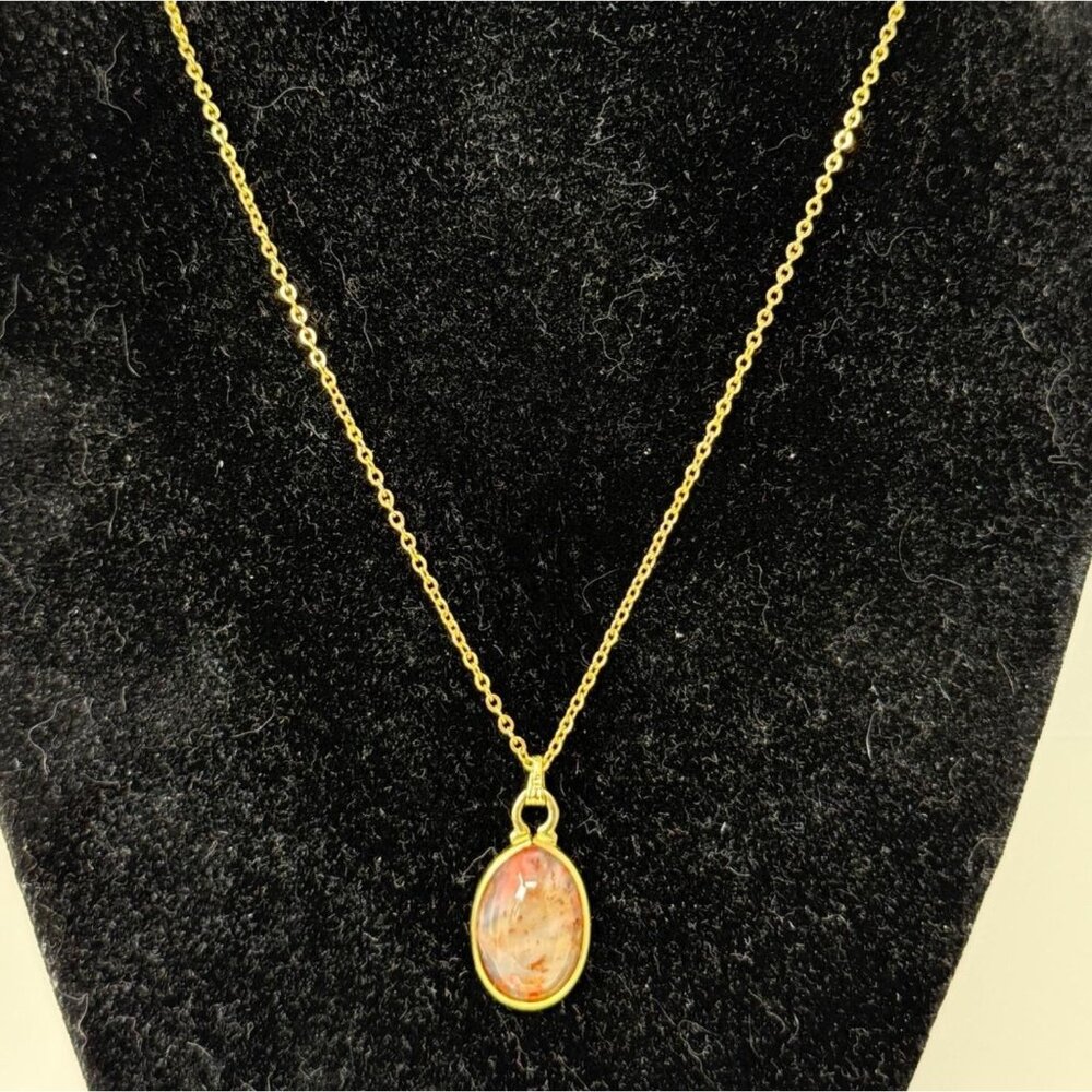 Vintage Gold-Plated Chain Necklace With Oval 12K Gold Moss Agate Pendant